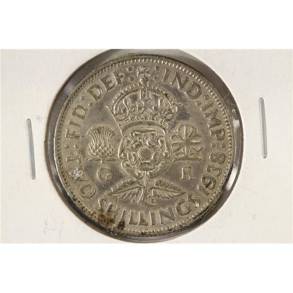 1938 GREAT BRITAIN SILVER 2 SHILLINGS .1818 OZ.ASW
