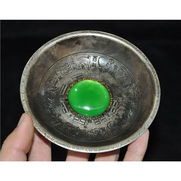 A SILVER INLAY GREEN JADE ZODIAC ANIMAL BOWL QING DYNASTY.