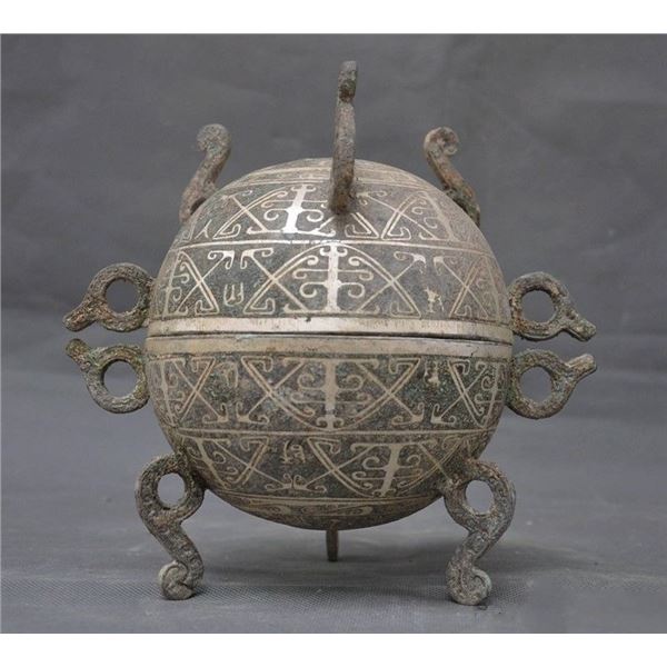 A BRONZE SILVER DOUBLE EAR CENSER MING DYNASTY.