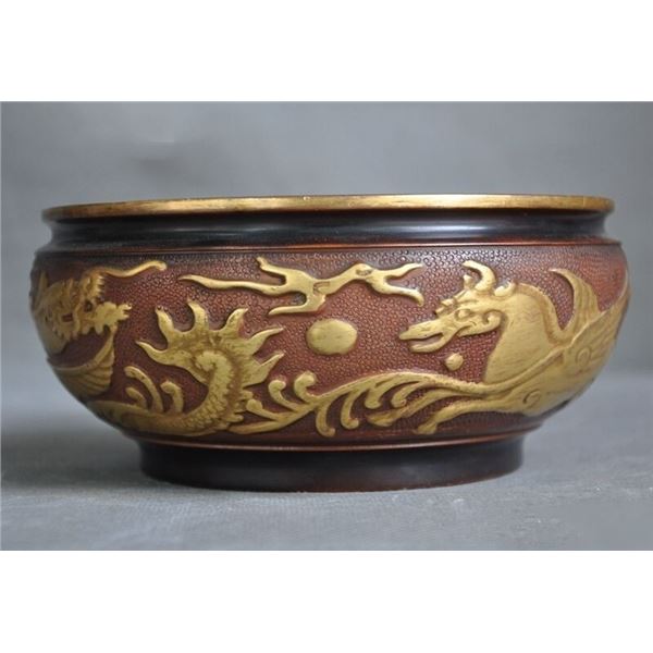 A COPPER GILT DRAGON PHOENIX CNSER XUANDE MARK.