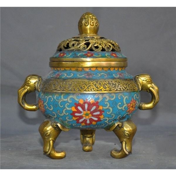 A BRONZE CLOISONNE DOUBLE EAR ELEPHANT CENSER QING DYNASTY.