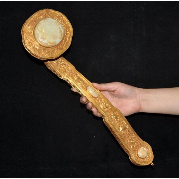 A BRONZE GILT 24KT/GOLD INLAY WHITE JADE RUYI QING DYNASTY.