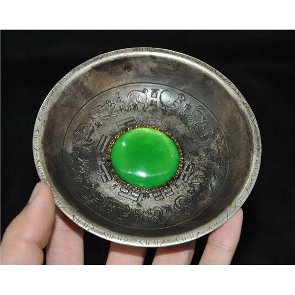 A BRONZE INLAY GREEN JADE ZODIAC BOWL QING DYNASTY.