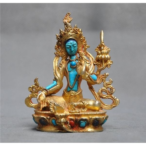 A GILT BRONZE INLAY GEMSTONE BUDDHA FIGURE QING DYNASTY.