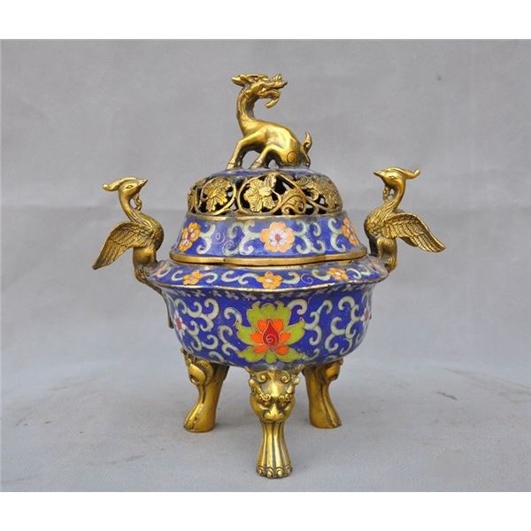 A BRONZE CLOISONNE DOUBLE EAR PHOENIX CENSER QING DYNASTY.