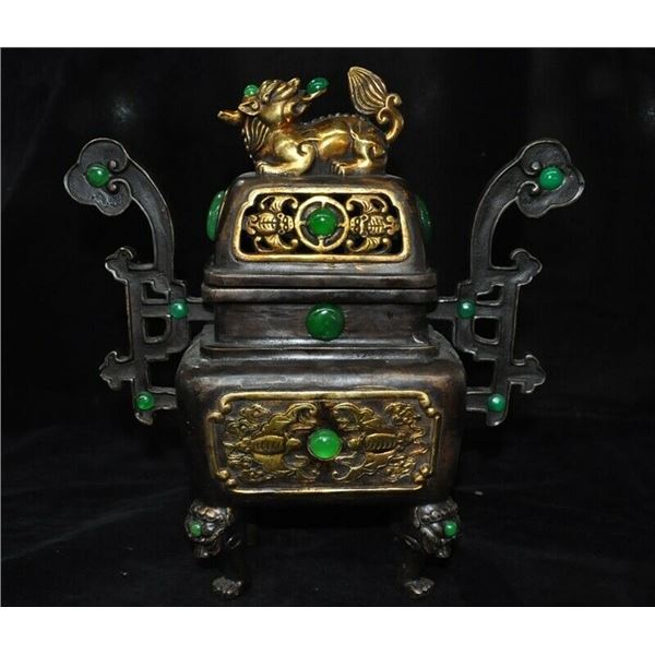A BRONZE GILT INLAY GREEN JADE CENSER QING DYNASTY.