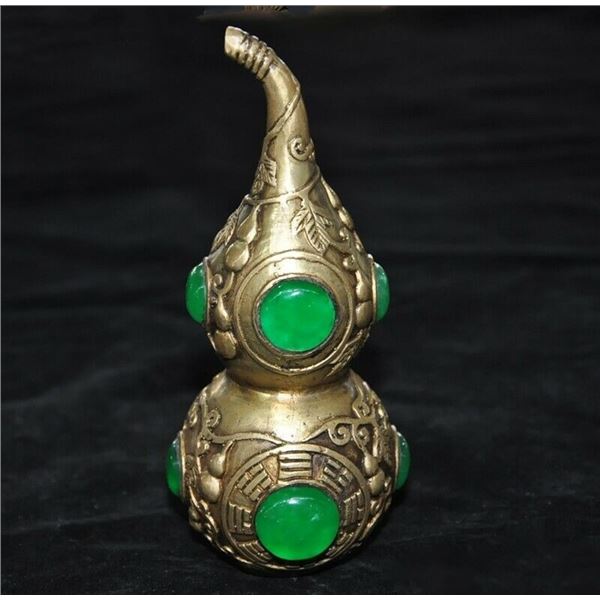 A SILVER INLAY GREEN JADE DOUBLE GOURD BOTTLE QING DYNASTY.