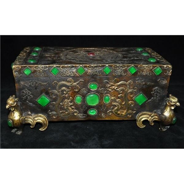 A-RARE BRONZE INLAY GREEN JADE PILLOW STATUE QING DYNASTY.