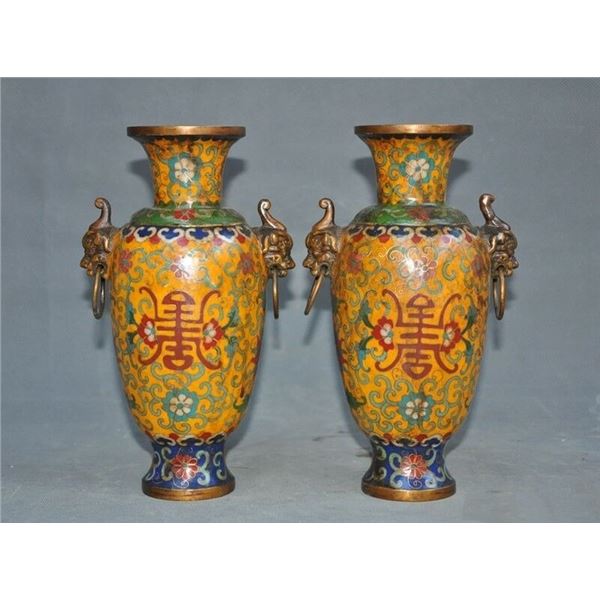 A PAIR BRONZE CLOISONNE DOUBLE EAR BEAST VASE QING DYNASTY.