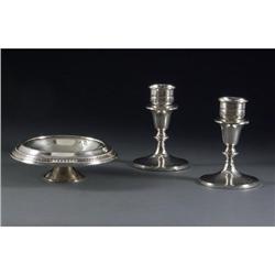 STERLING WEIGHTED CANDLESTICKS AND BOWL