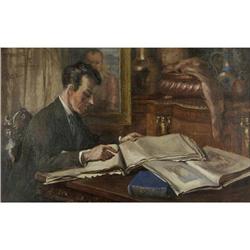 OIL 1922 GENTLEMAN READING MANUSCRIPTS