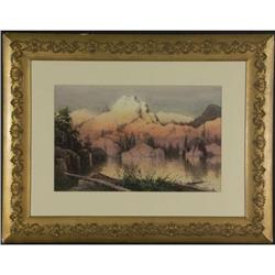 WATERCOLOR H. LEVEY SUNRISE MOUNTAIN RANGE