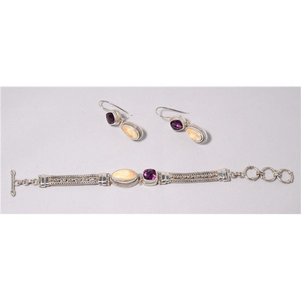 Sterling Silver Twisted Wire Bracelet and Earring Set of Elk Ivory and Amethyst