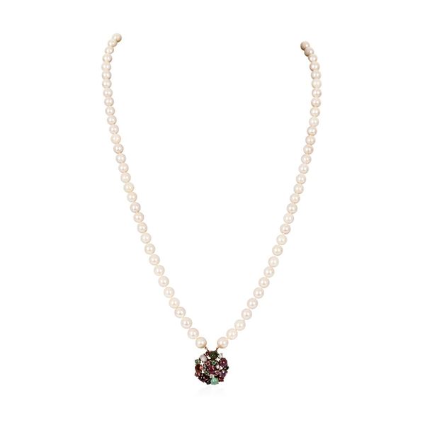 Double Strand Pearl Choker Necklace with 14KT Yellow Gold Multi-Color Stone Clas