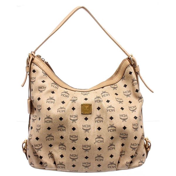MCM Cream Coated Canvas Visetos Hobo Shoulder Bag