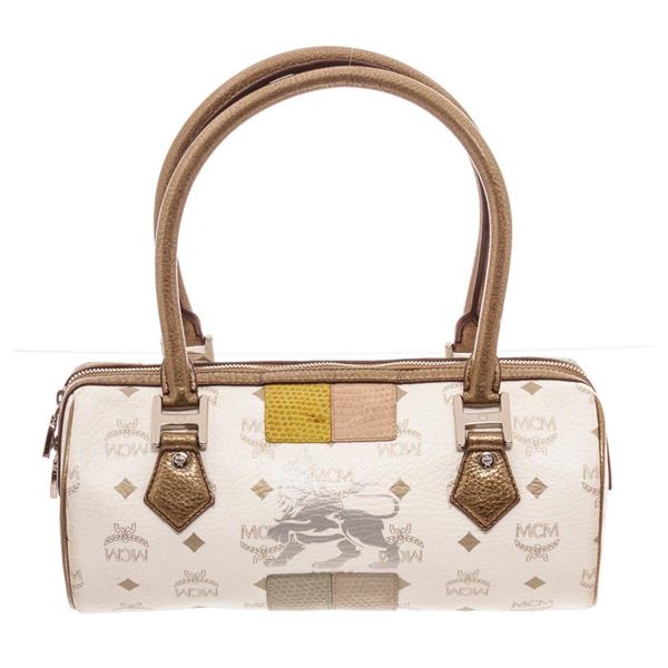 MCM White Visetos Coated Canvas  Leather Lion Shoulder Bag