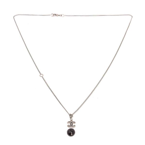 Chanel Silvertone CC Black Dangle Necklace