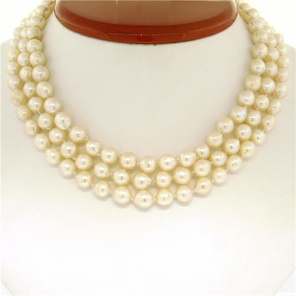 Three Strand Baroque Pearl 14" Choker Necklace w/ 14K Yellow Gold Filigree Clasp