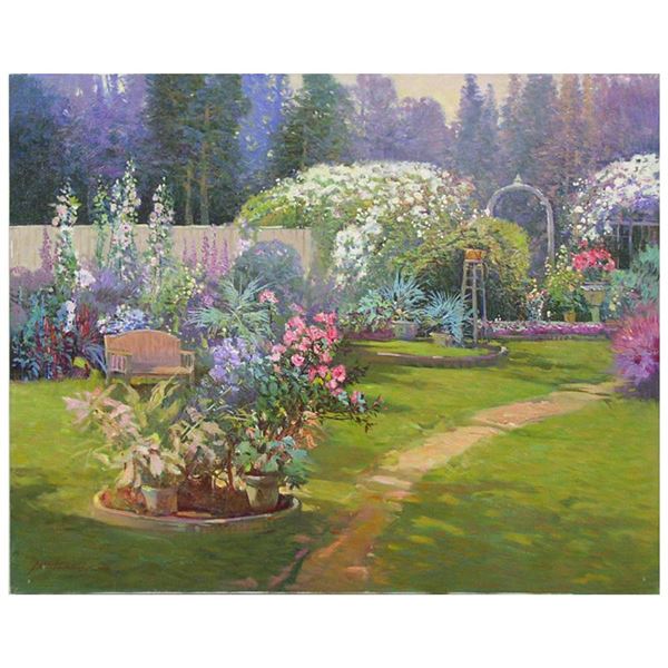 Ming Feng, "Late Summer Garden" Original Oil Painting on Canvas, Hand Signed wit