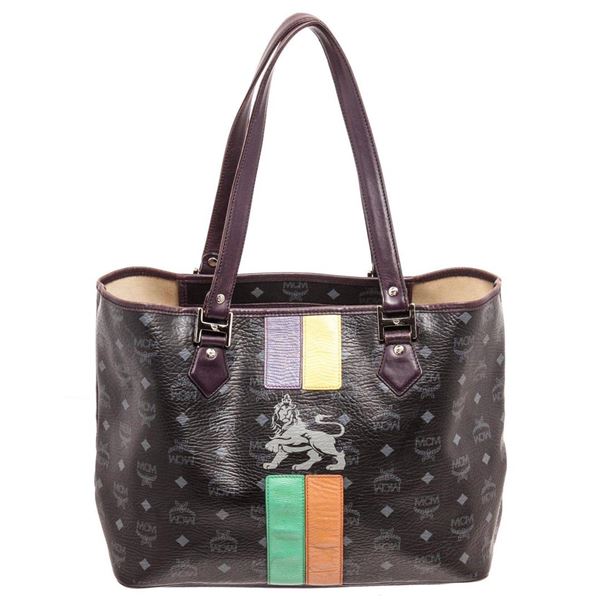 MCM Black Coated Canvas  Leather Lion Shopper Shoulder Bag