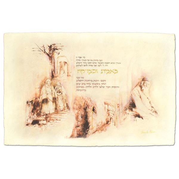 Brachi Horen, "Od Yeshvoo" Hand-Embellished Mixed Media with Goldleaf, Hand Sign