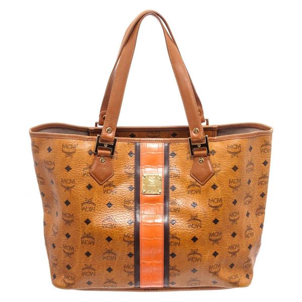 MCM Cognac Coated Canvas Shopper Tote Bag
