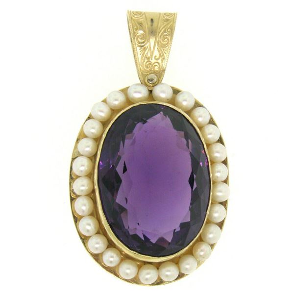 Vintage 14kt Yellow Gold Oval Amethyst and Pearl Halo Pendant