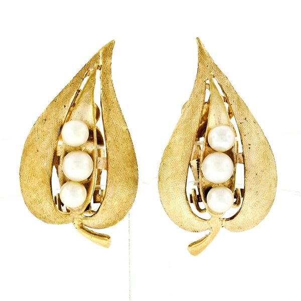 Vintage 14kt Yellow Gold Pearl Florentine Open Leaf Clip On Earrings