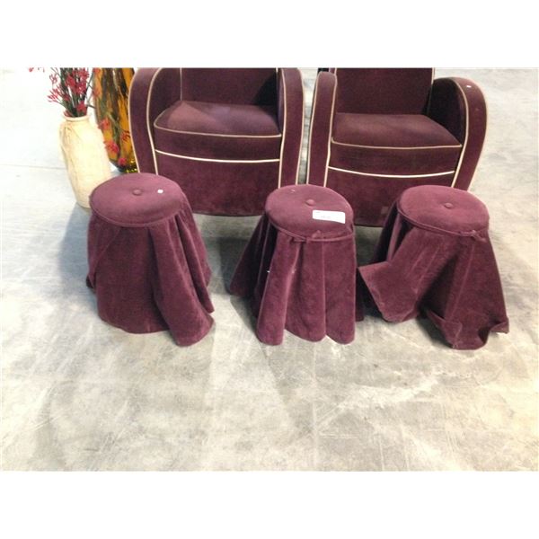 3 BURGUNDY COVERED STOOLS