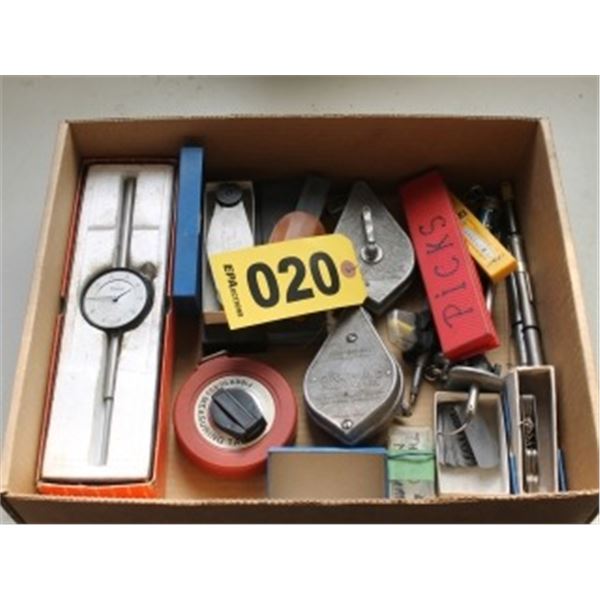 SCREW PITCH GAUGES, DIAL INDICATORS, 2 CHALK LINES, PICK SET, HONING STONES & 2 WEIGHT SCALES