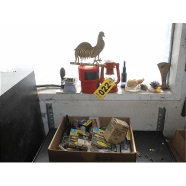 BOX OF MISC. STAPLES, LEVELS & DECORATIVE ITEMS