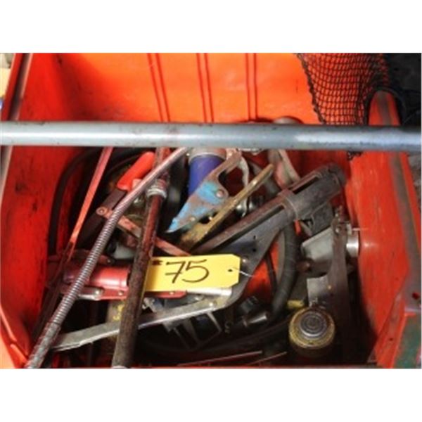 BOX OF CLAMPS, GREASE GUN, PULLER & MISC.