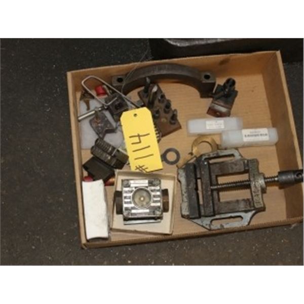 BOX OF MISC., VISE, & ACCESSORIES
