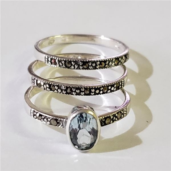 Silver 3 Stackings Blue Topaz Marcasite Ring (~Size 7.5)(Ring is resizable for $40) (~weight 4.55g),