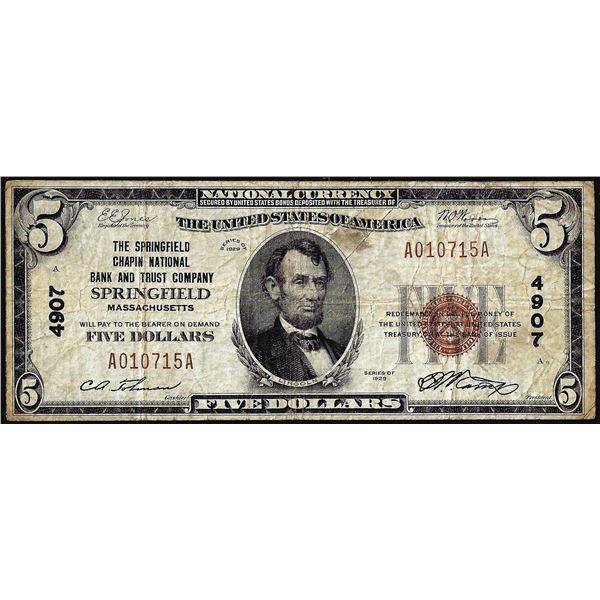 1929 $5 Chapin National Bank & Trust Springfield, MA CH# 4907 National Currency Note
