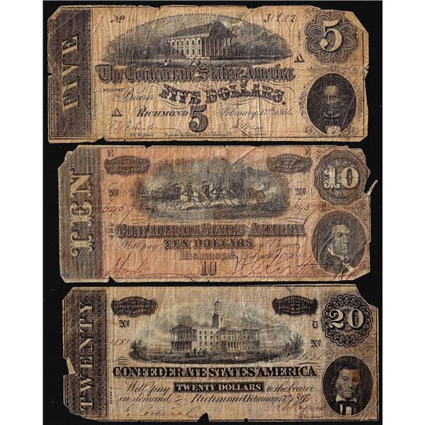 Lot of 1864 $5/$10/$20 Confederate States of America Notes