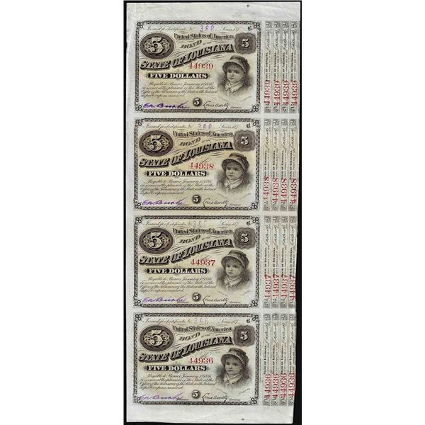 Uncut Sheet of (4) State of Louisiana Baby Bond Obsolete Notes