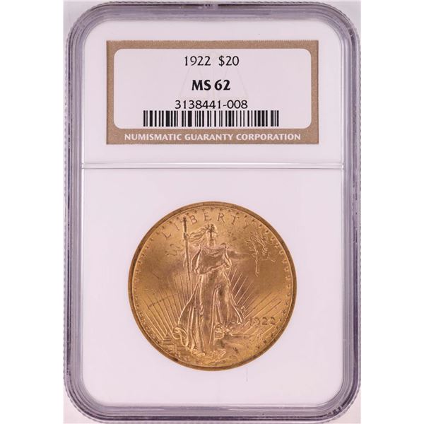 1922 $20 St. Gaudens Double Eagle Gold Coin NGC MS62
