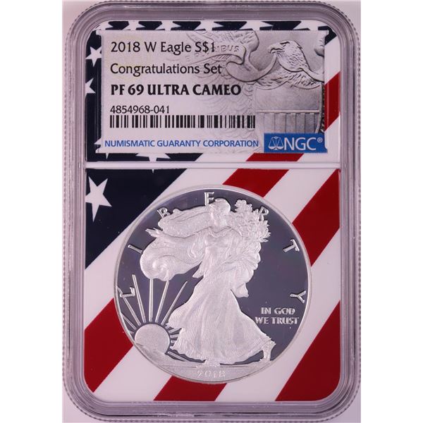 2018-W $1 Proof American Silver Eagle Coin NGC PF69 Ultra Cameo Congratulations Flag