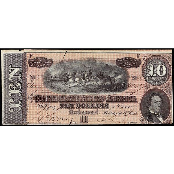 1864 $10 Confederate States of America Note - Split in Corner