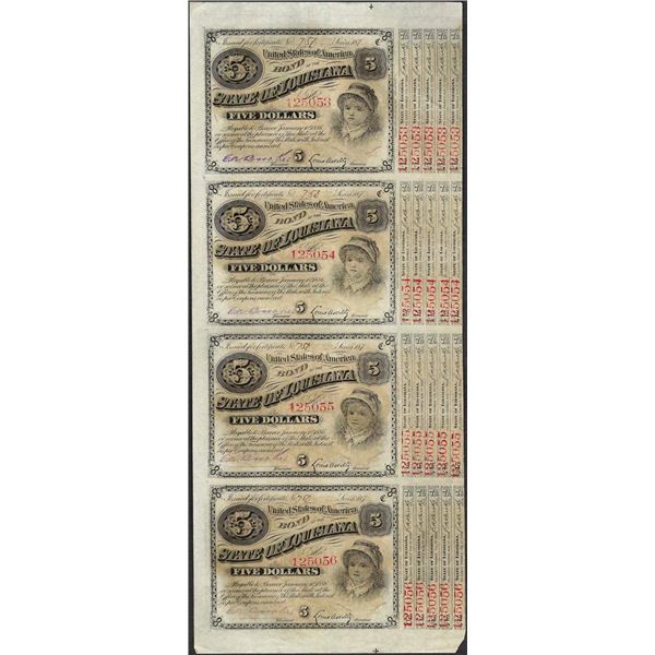 Uncut Sheet of (4) State of Louisiana Baby Bond Obsolete Notes