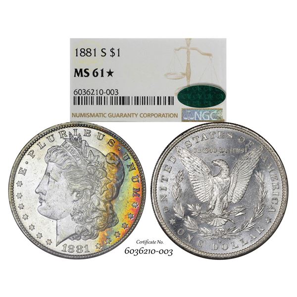 1881-S $1 Morgan Silver Dollar Coin NGC MS61* Star CAC Amazing Toning