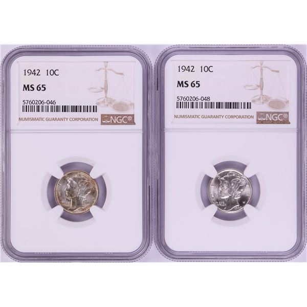 Lot of (2) 1942 Mercury Dime Coins NGC MS65