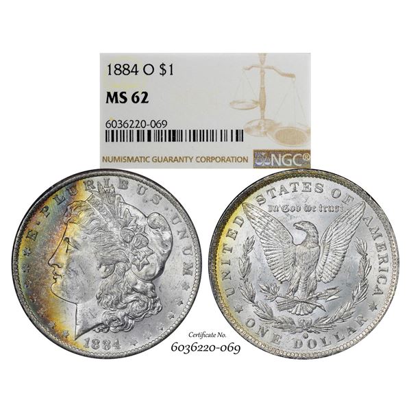 1884-O $1 Morgan Silver Dollar Coin NGC MS62 Great Toning
