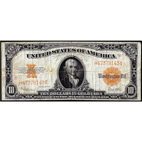 1922 $10 Gold Certificate Note