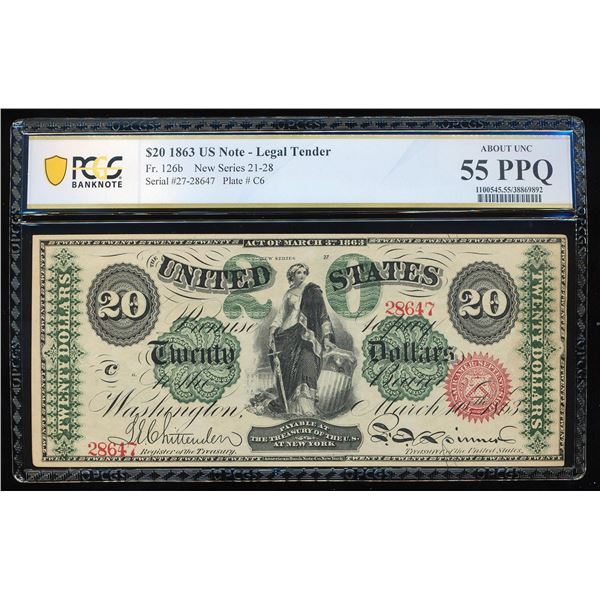 1863 $20 Legal Tender Note Fr.126b PCGS About Uncirculated 55PPQ