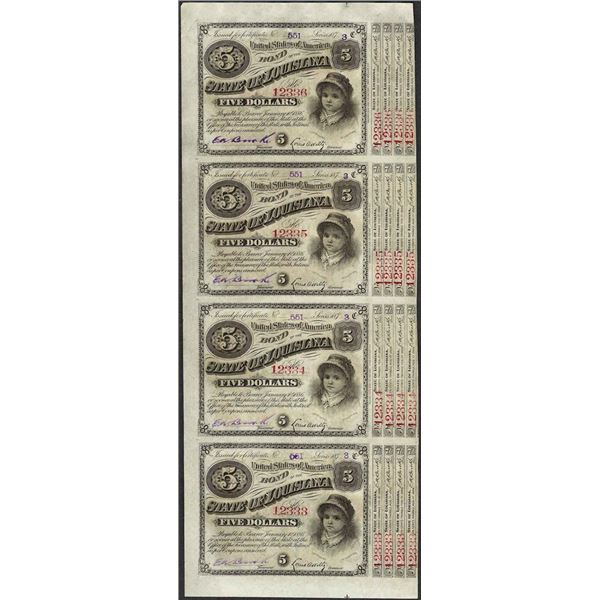 Uncut Sheet of (4) State of Louisiana Baby Bond Obsolete Notes