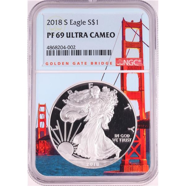 2018-S $1 Proof American Silver Eagle Coin NGC PF69 Ultra Cameo Bridge Core
