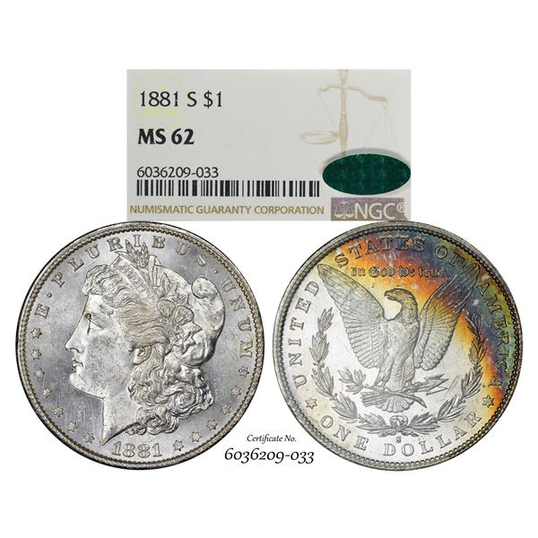 1881-S $1 Morgan Silver Dollar Coin NGC MS62 CAC Amazing Toning