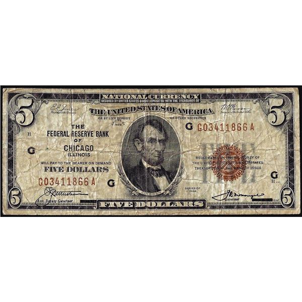 1929 $5 Federal Reserve Bank Note Chicago